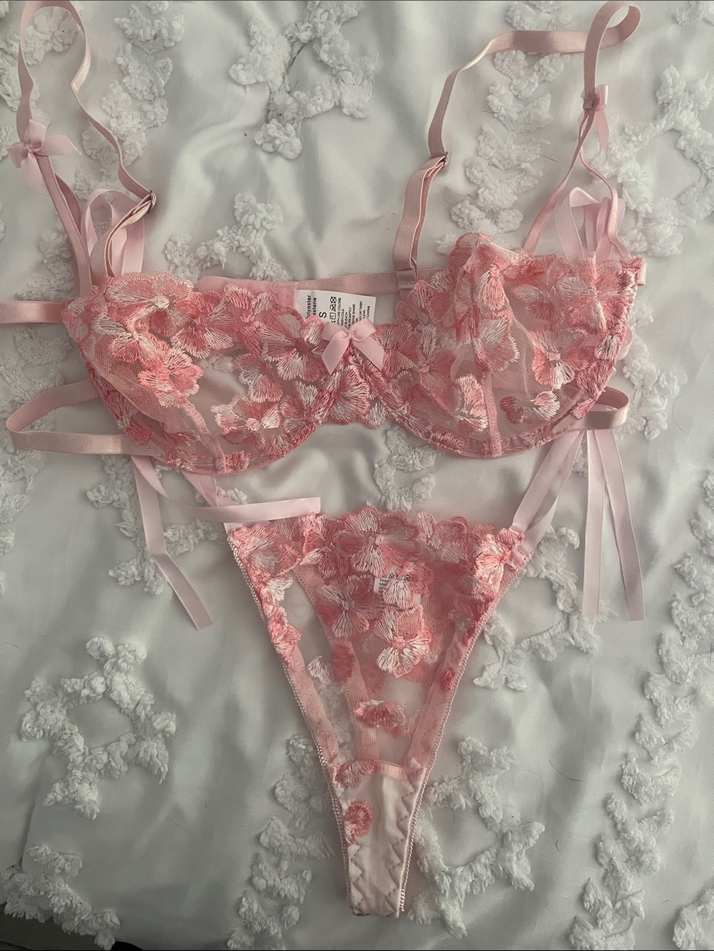 Sheer Pink Floral Embroidered Lace Bra & Thong Set- NEVER WORN